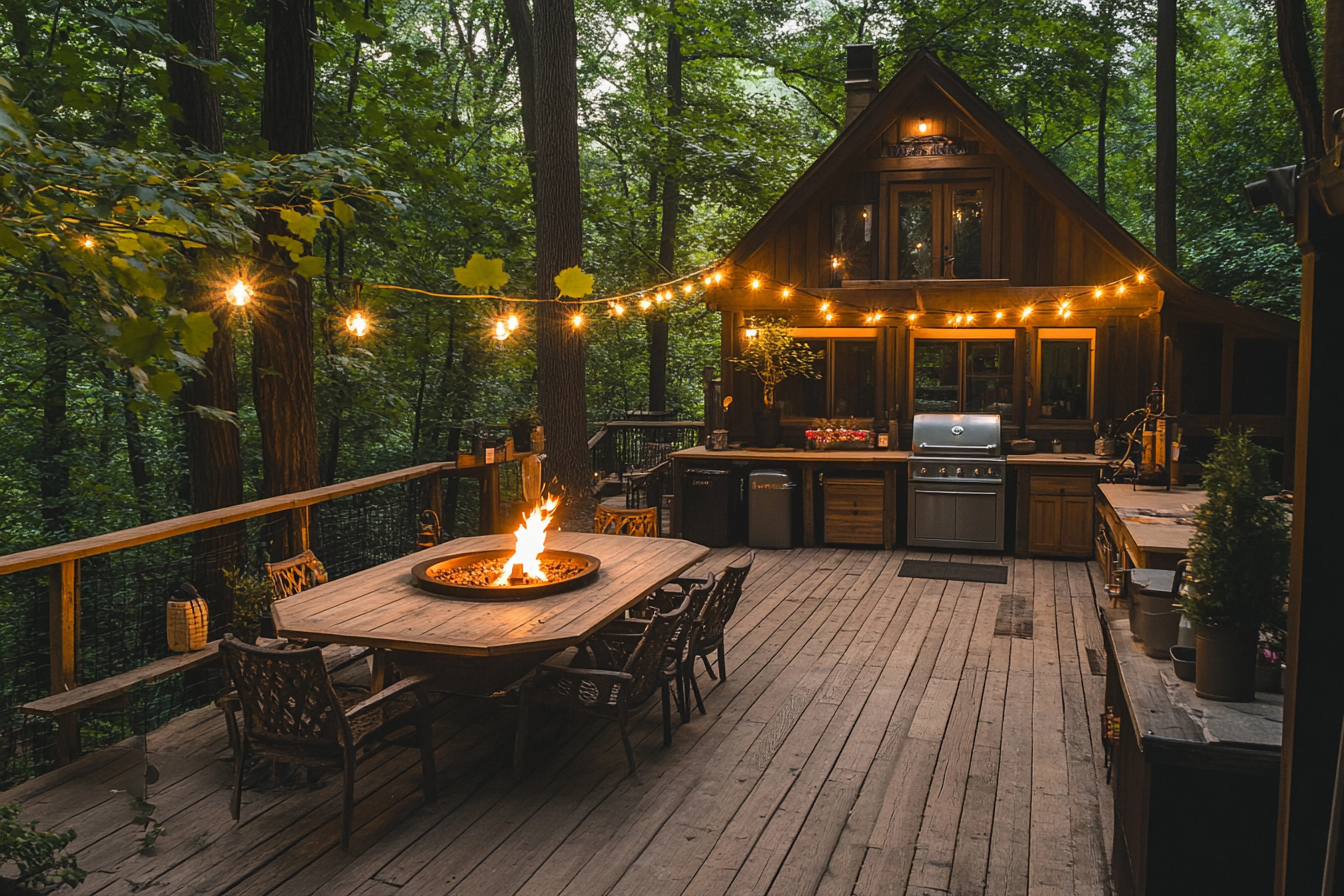 Hyperrealistic rustic outdoor kitchen and dining area with a fire pit and string lights.