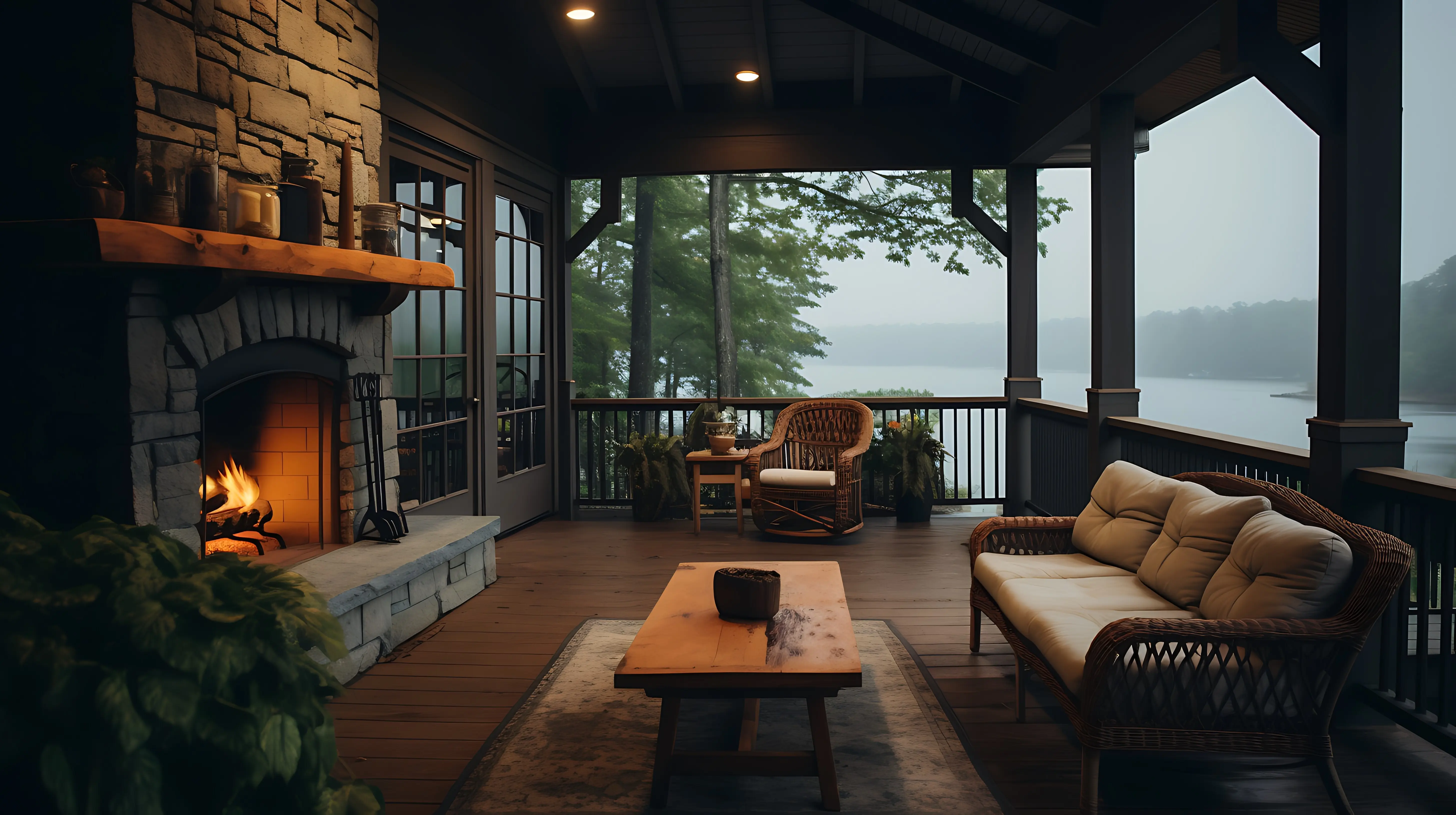 An arafed porch with a fireplace, chairs, and a table.