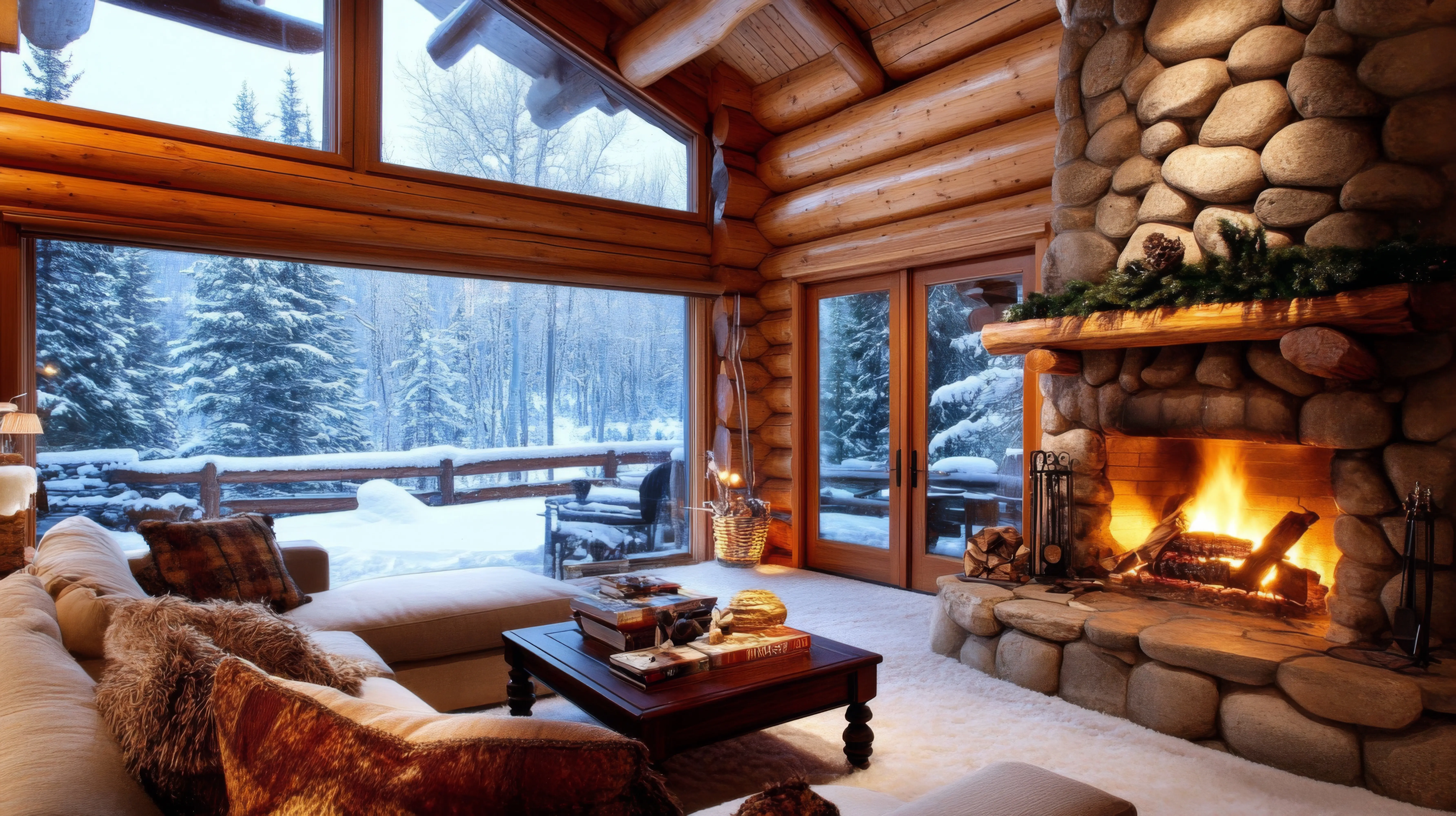 A cozy log-cabin interior featuring a fireplace and a view of winter scenery.
