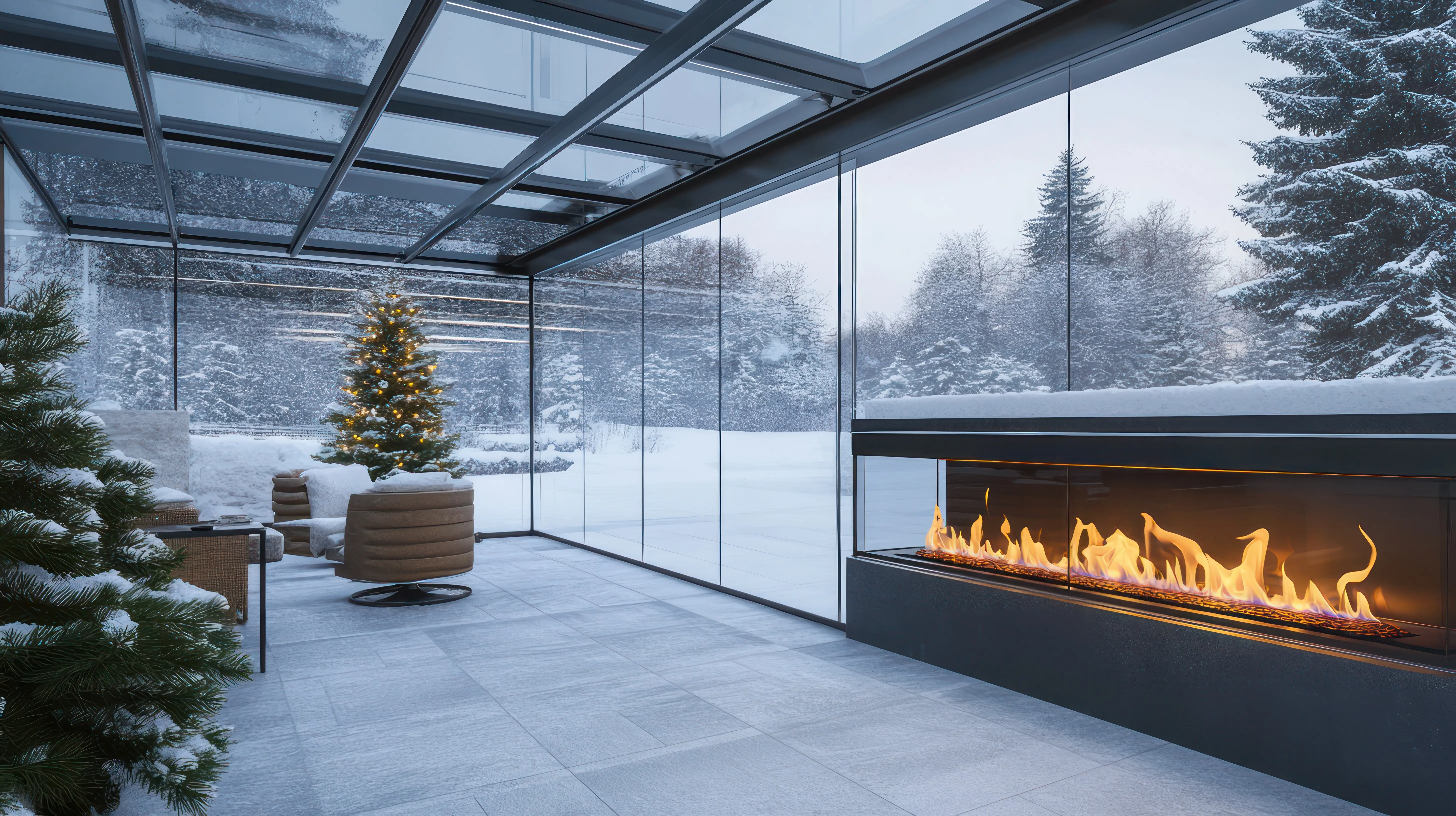 a fireplace within a winter wonderland