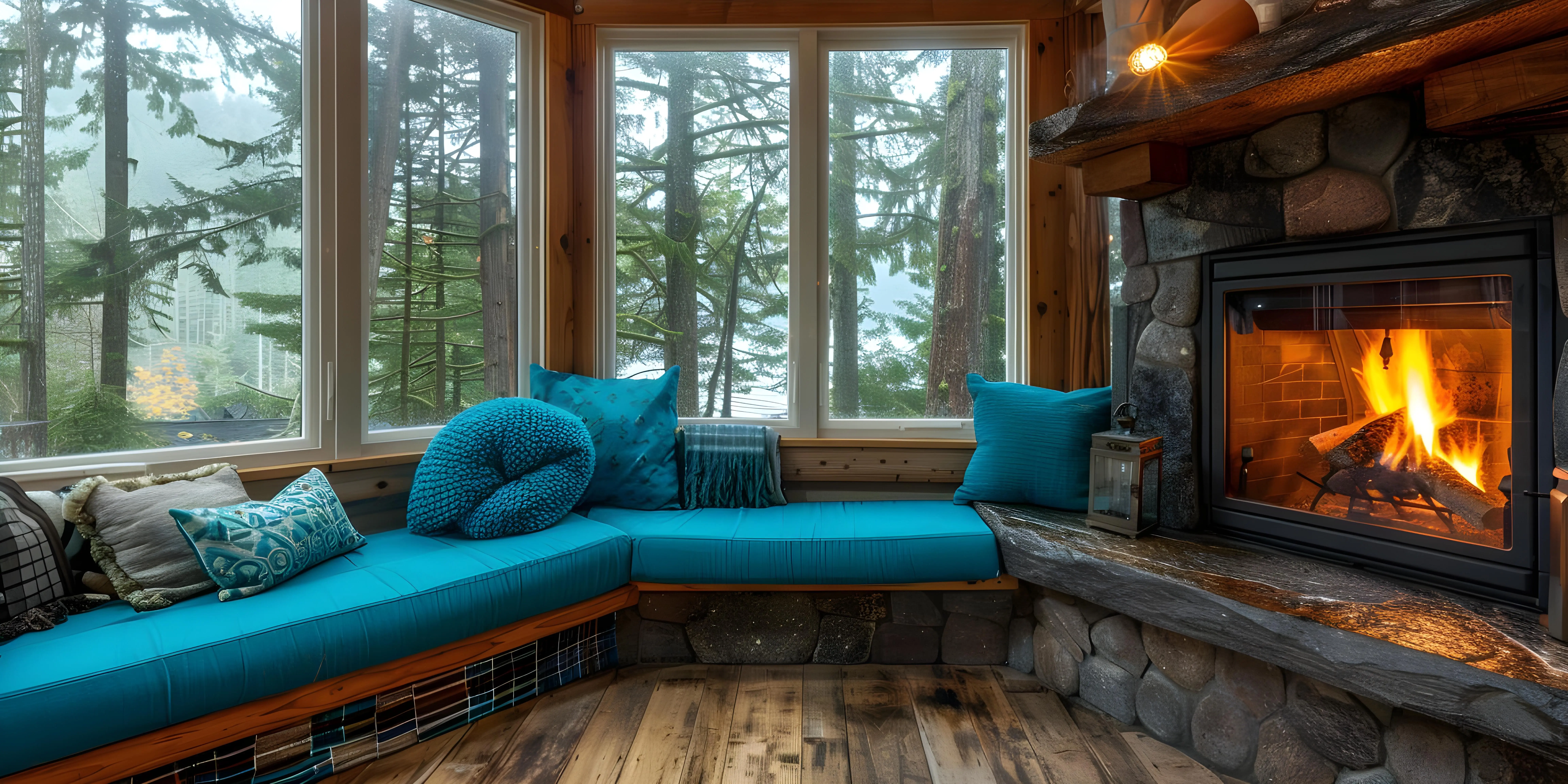 Concept: a cozy window nook by tall windows with a wood-burning fireplace; cozy decor, hygge living, home interiors.