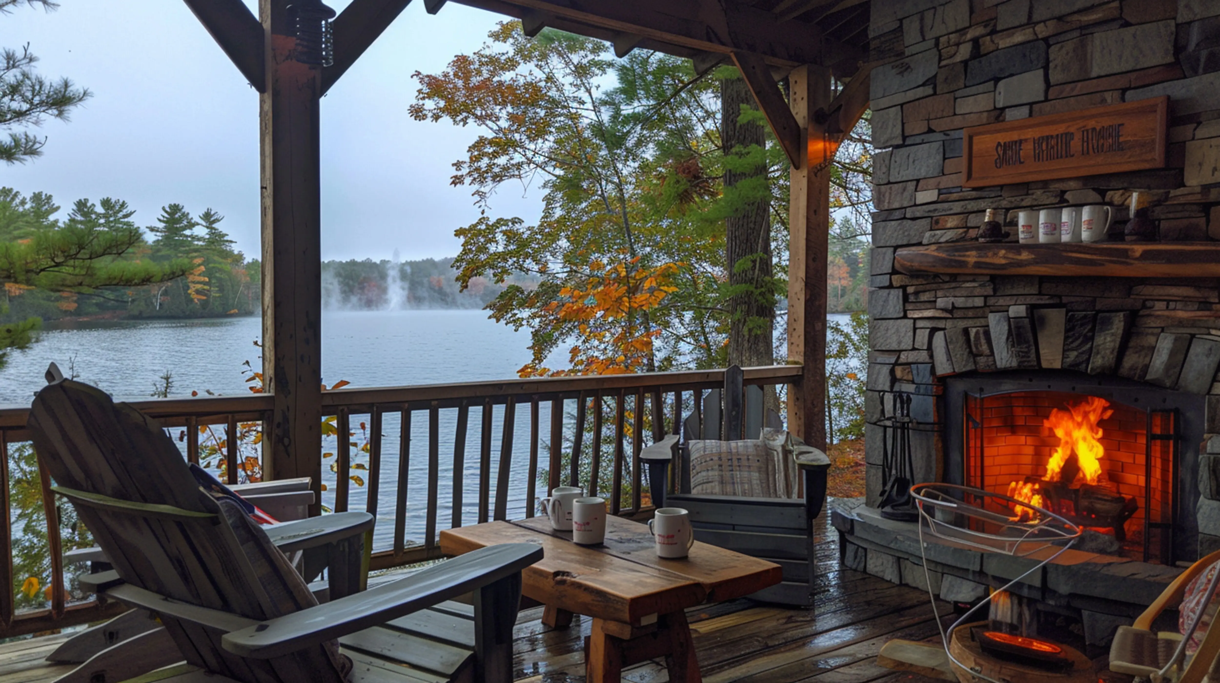 A fireplace sits on the deck of a cabin, generative AI.