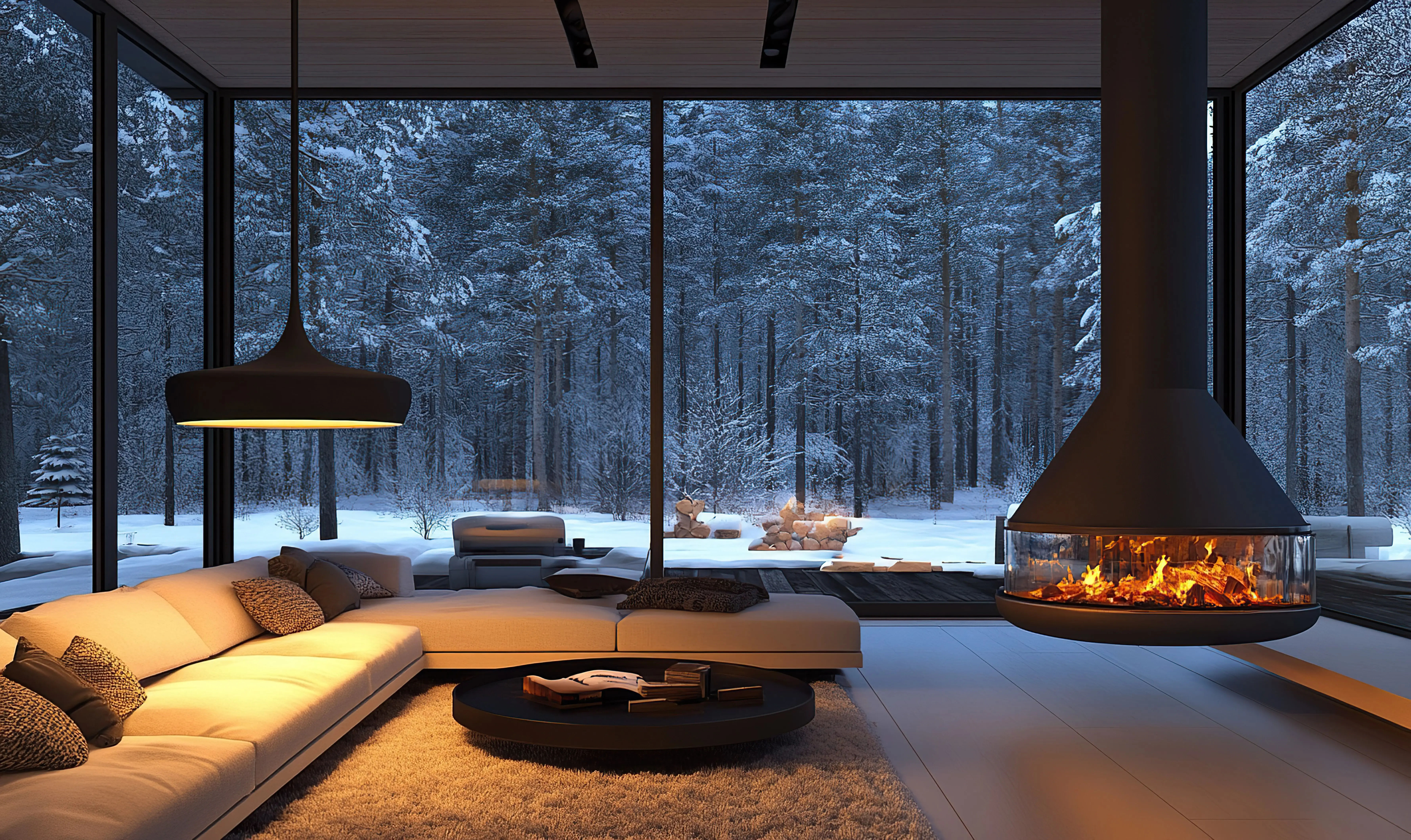 Luxurious house interior, cozy atmosphere outside.