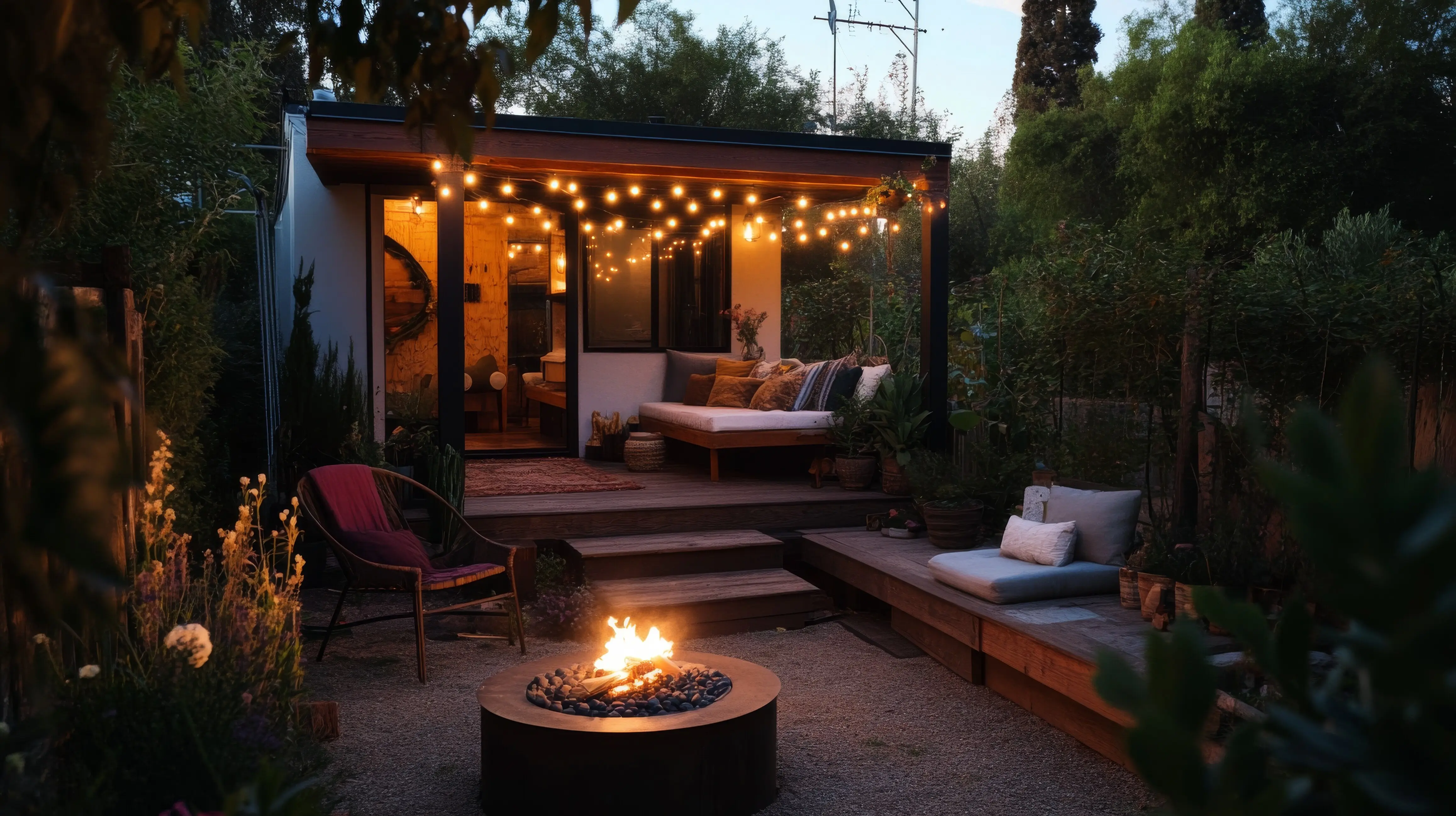 Charming tiny home patio in the evening, AI-generated.