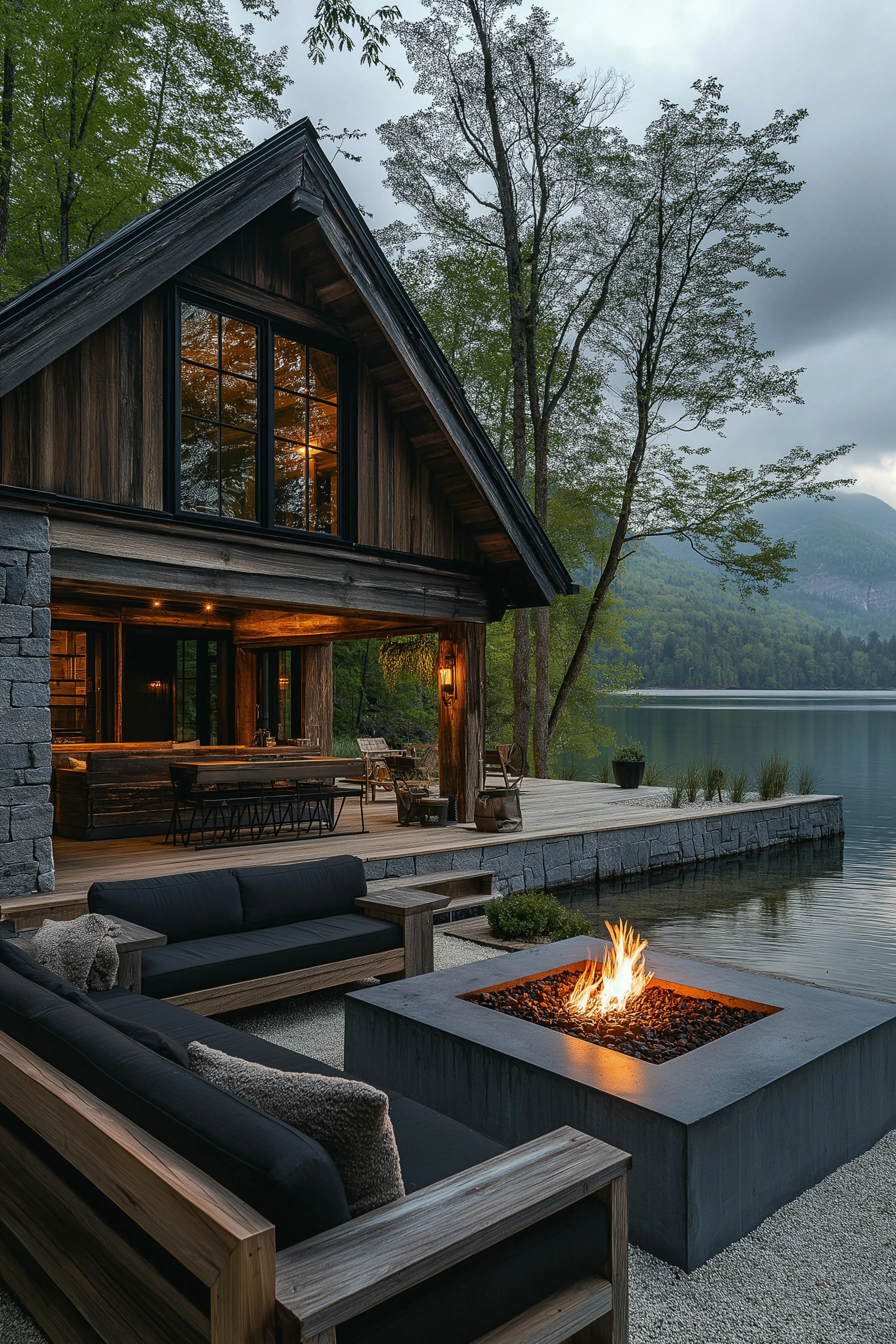 A house with a fire pit and another fire pit in the background.