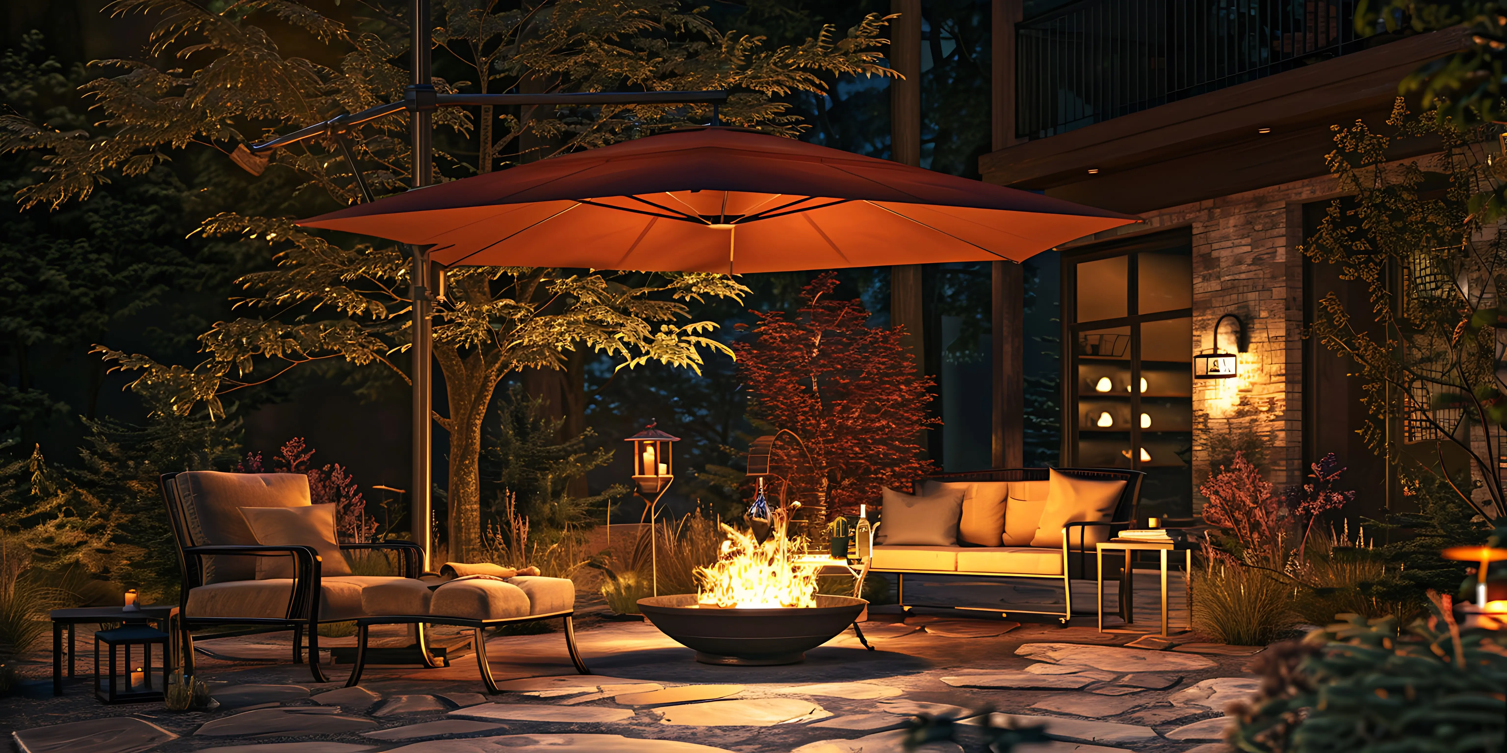 A fire pit is in the center of a patio that has chairs and a table.