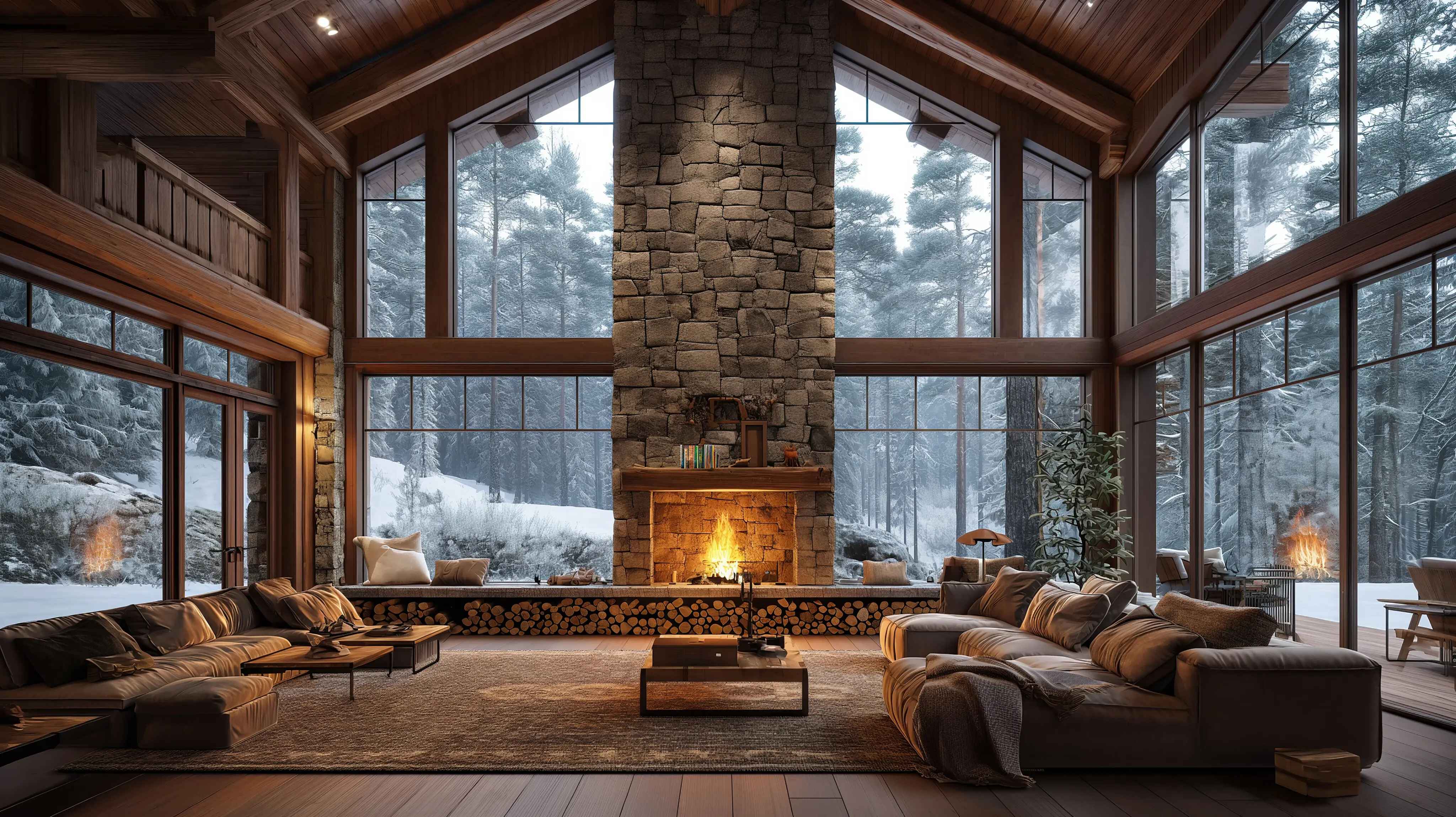 A log cabin with a fireplace and a large window overlooking the woods