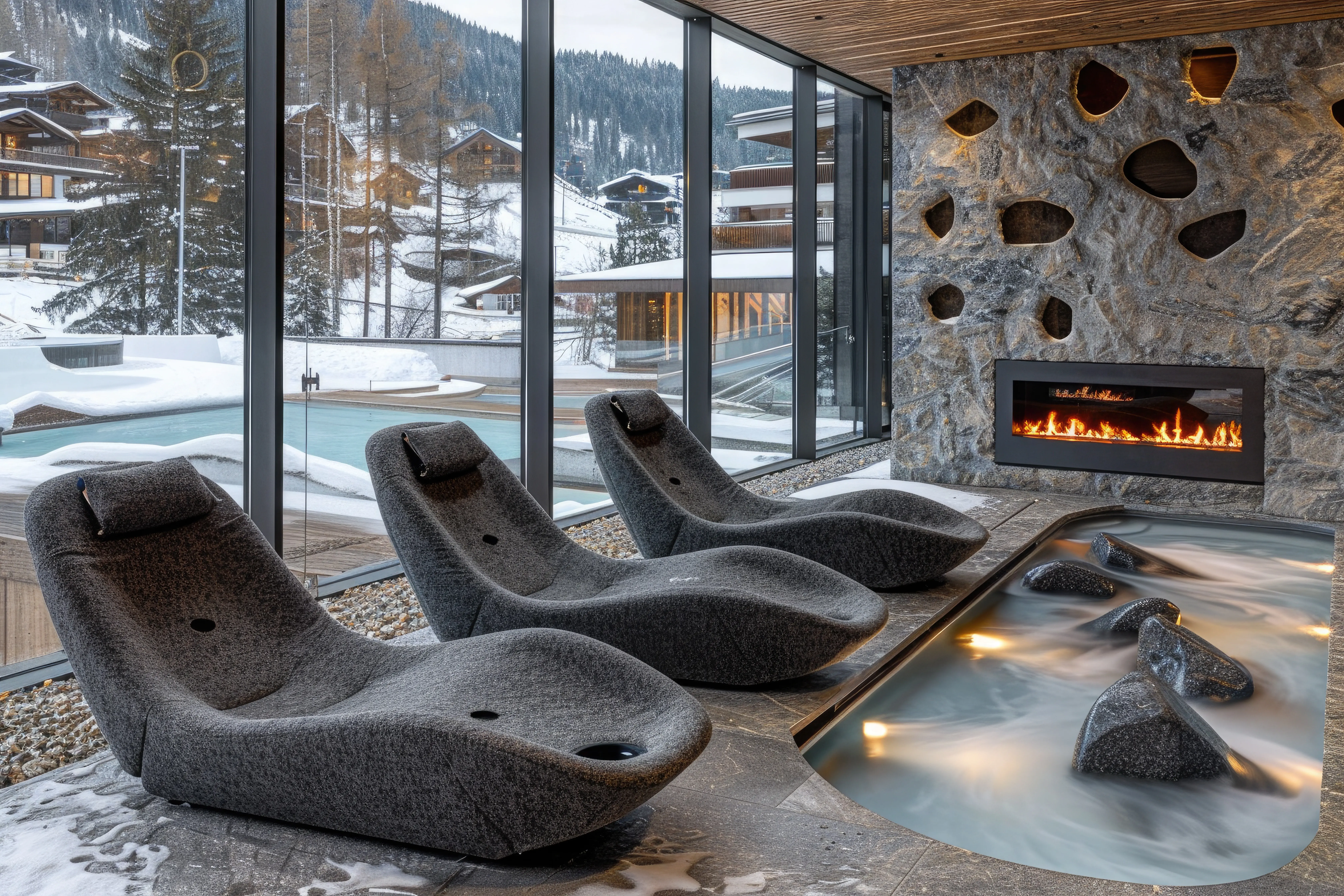 a fireplace featuring relaxing marble chairs